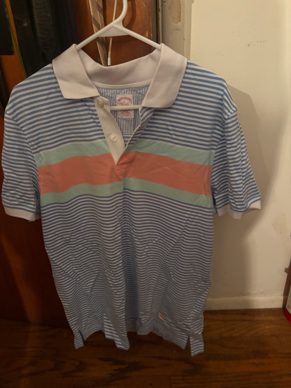Brooks Brothers Blue White Striped Polo with Mint and Coral Bands